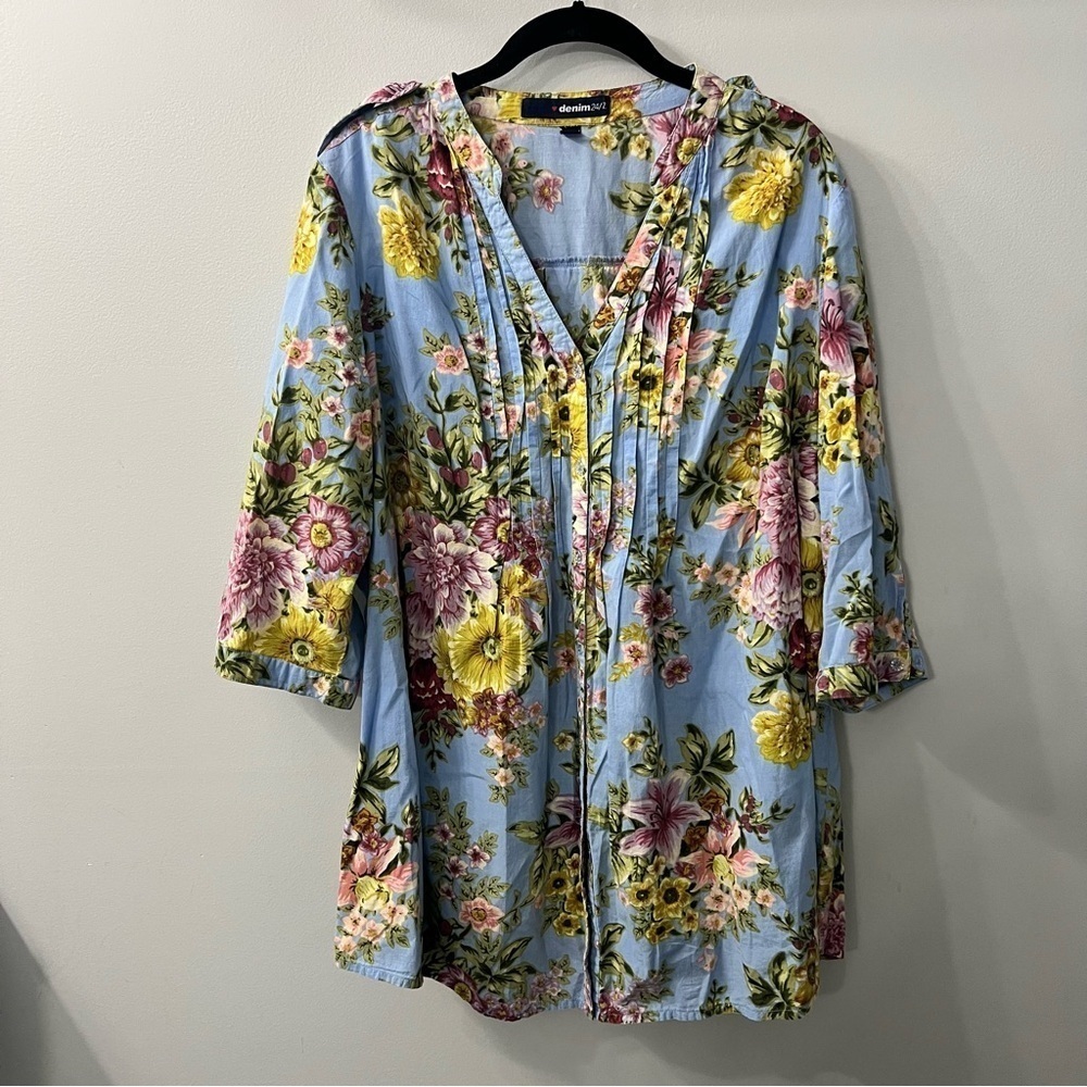 Denim 24/7 Blue & Pink Short Sleeve Floral Pintuck Cotton Button Down Shirt 20W
